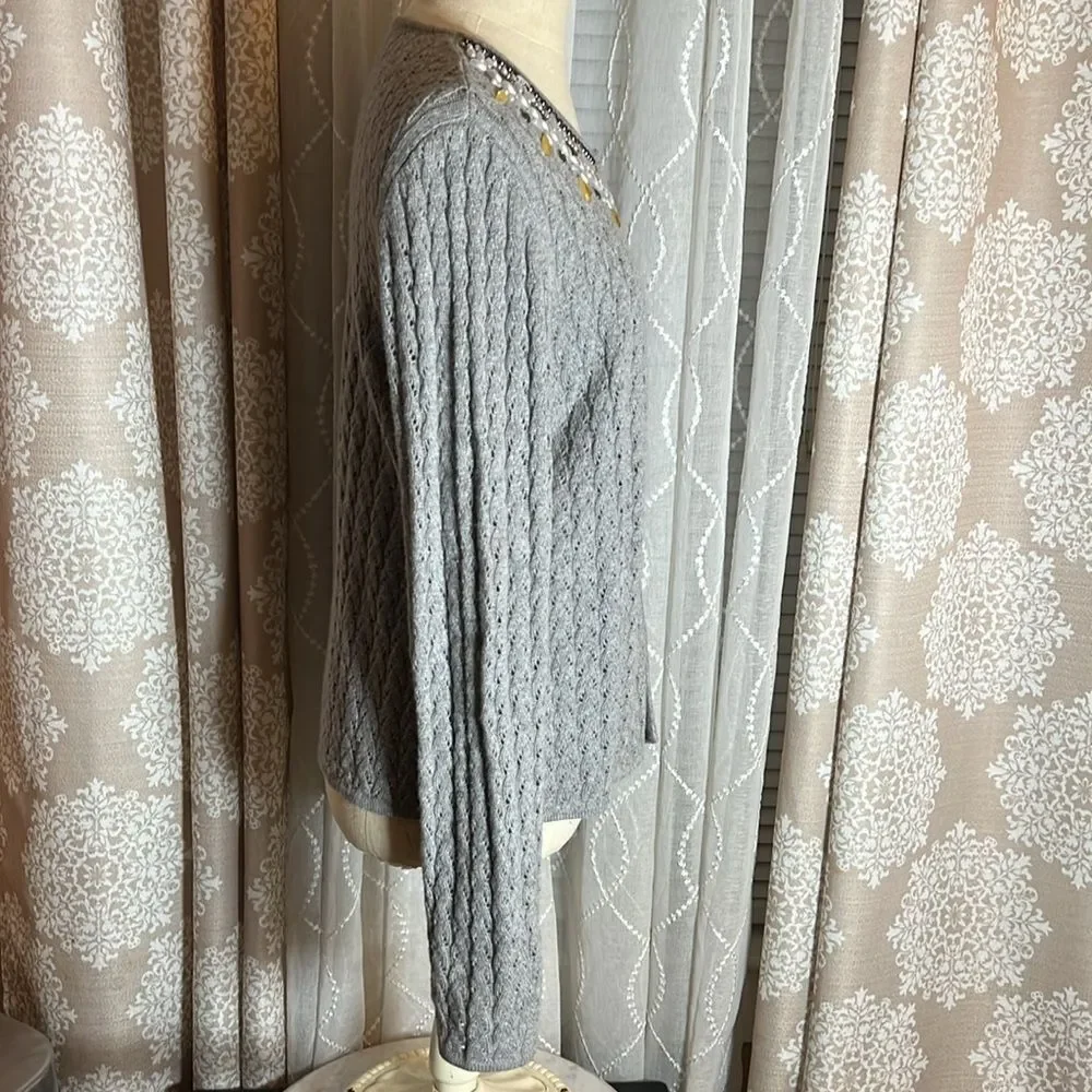 Kate Hill Linen Crochet Style Knit Cardigan w/ beaded detailing. Size Large